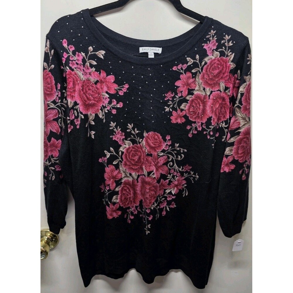 EMILY Daniels Sweater 2X Black Pink Roses Pullover Studs 3/4 Sleeve